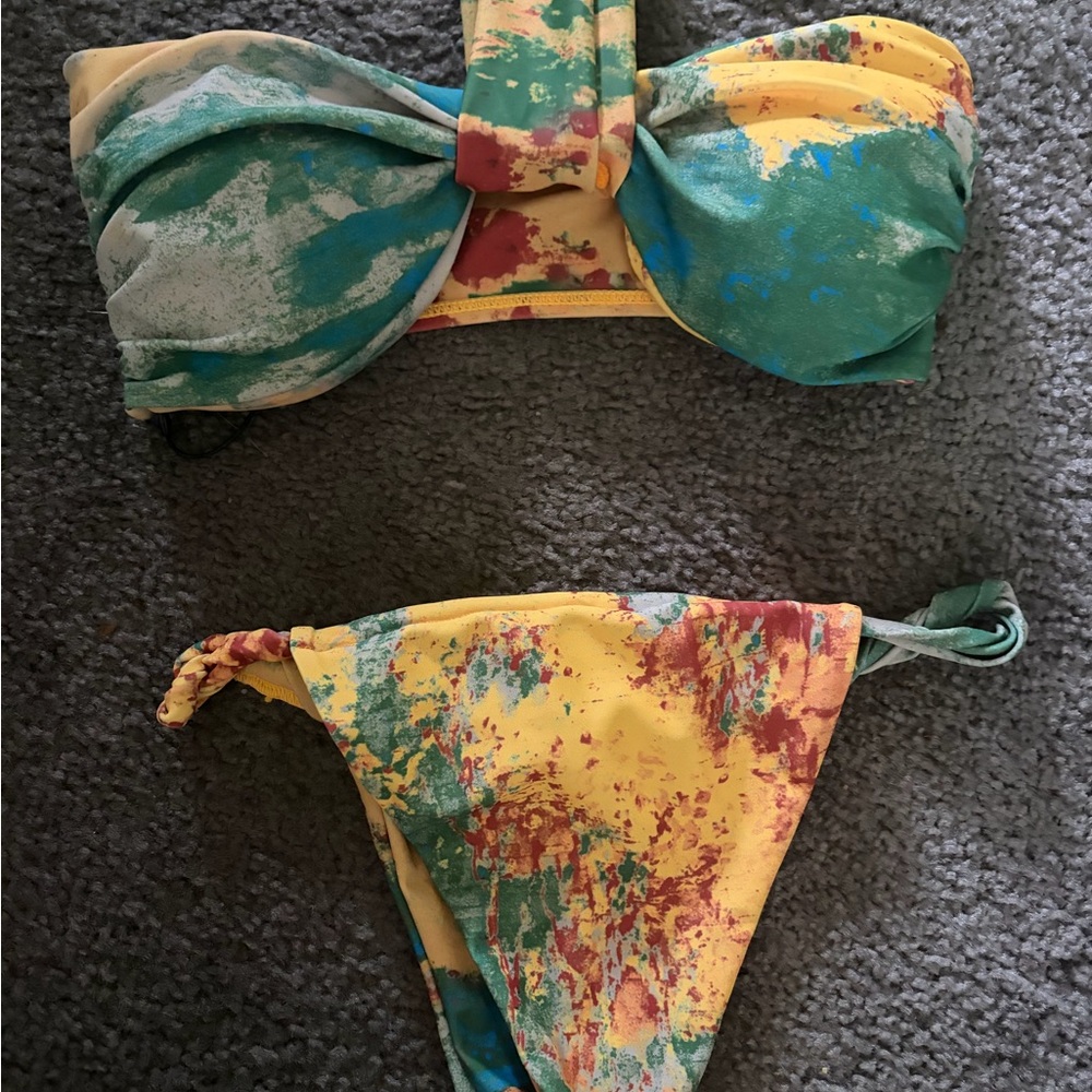 Fashion Nova Green & Yellow Tie-Dye Bikini Set with Sheer Sarong - Picture 7 of 8